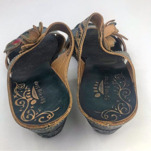 Spring Step Tooled Leather Colorful Flower Slip On Wedge Sandals - Picture 6 of 13